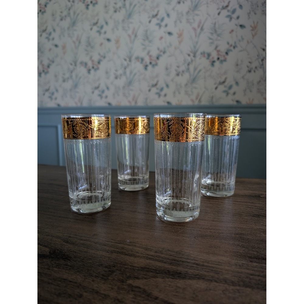 4 Vintage Culver Tyrol Highball Glasses Gold Encrusted Rim Etched MCM Bar Retro